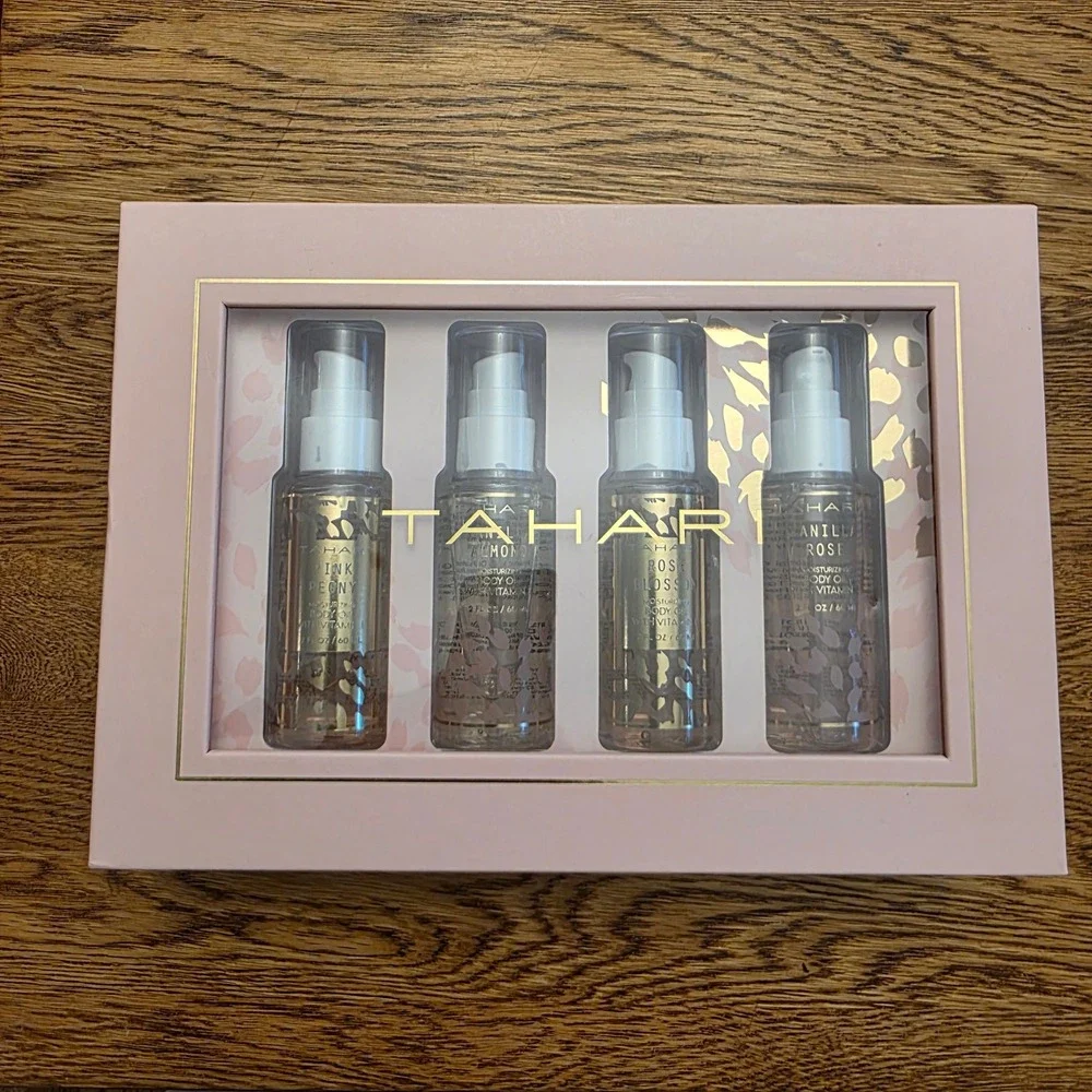 Tahari Body Oil Lotion Gift 4 Pack Pink Peony Almond Rose Blossom Vanilla Rose